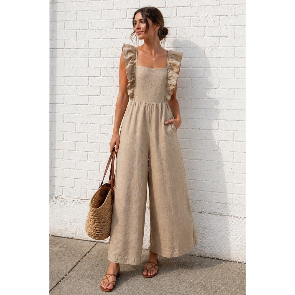 Madewell Linen Jumpsuit Wide Leg Ruffle Strap Open Back Neutral Coastal S 16